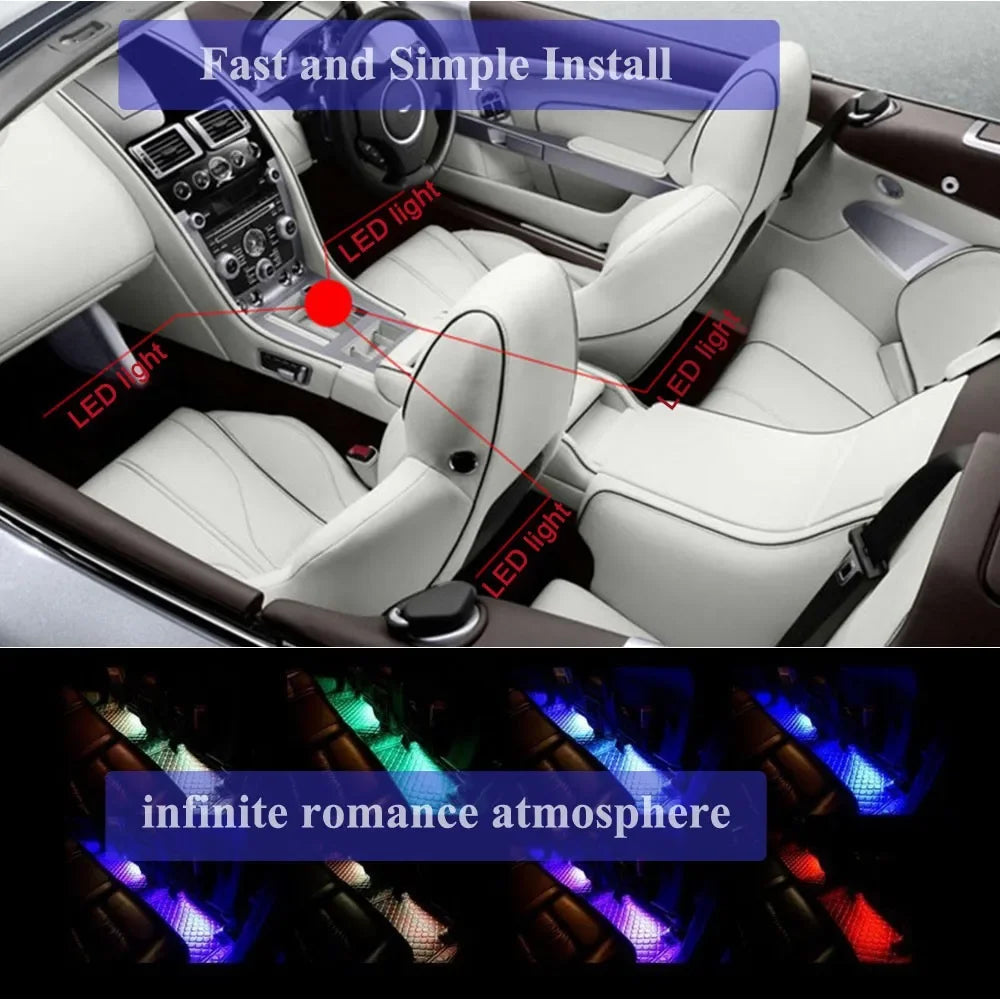 LED Car Interior Ambient Foot Light Strip Neon Lighting Backlight Kit W/ USB Remote App Music Control Auto RGB Decorative Lamps