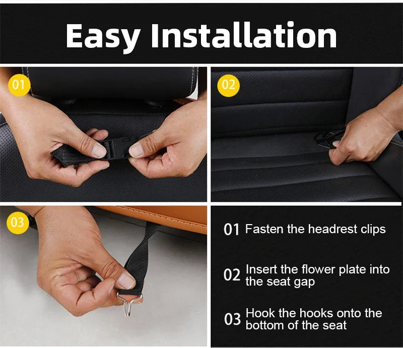 Car Seat Back Organizer with Foldable Table Tray, PU Leather Storage, Pockets, Kick Mats, Interior Accessories