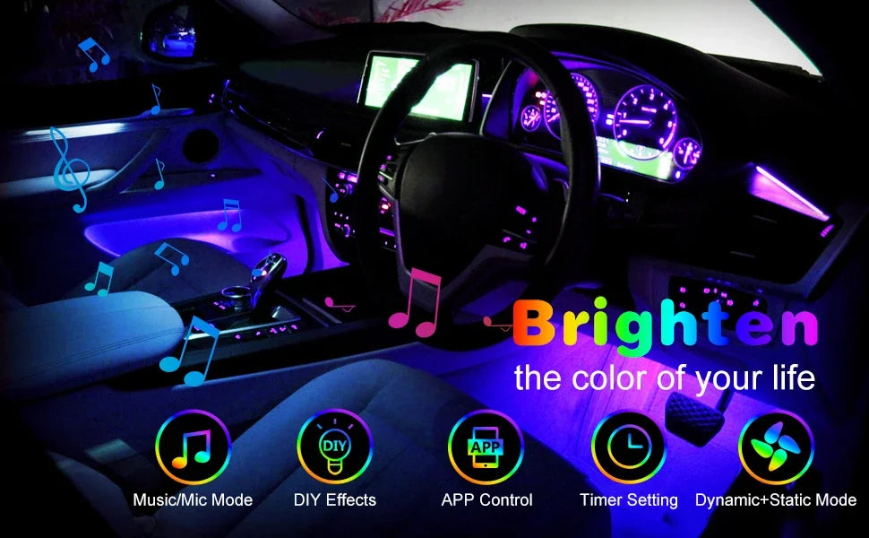 LED Car Interior Ambient Foot Light Strip Neon Lighting Backlight Kit W/ USB Remote App Music Control Auto RGB Decorative Lamps