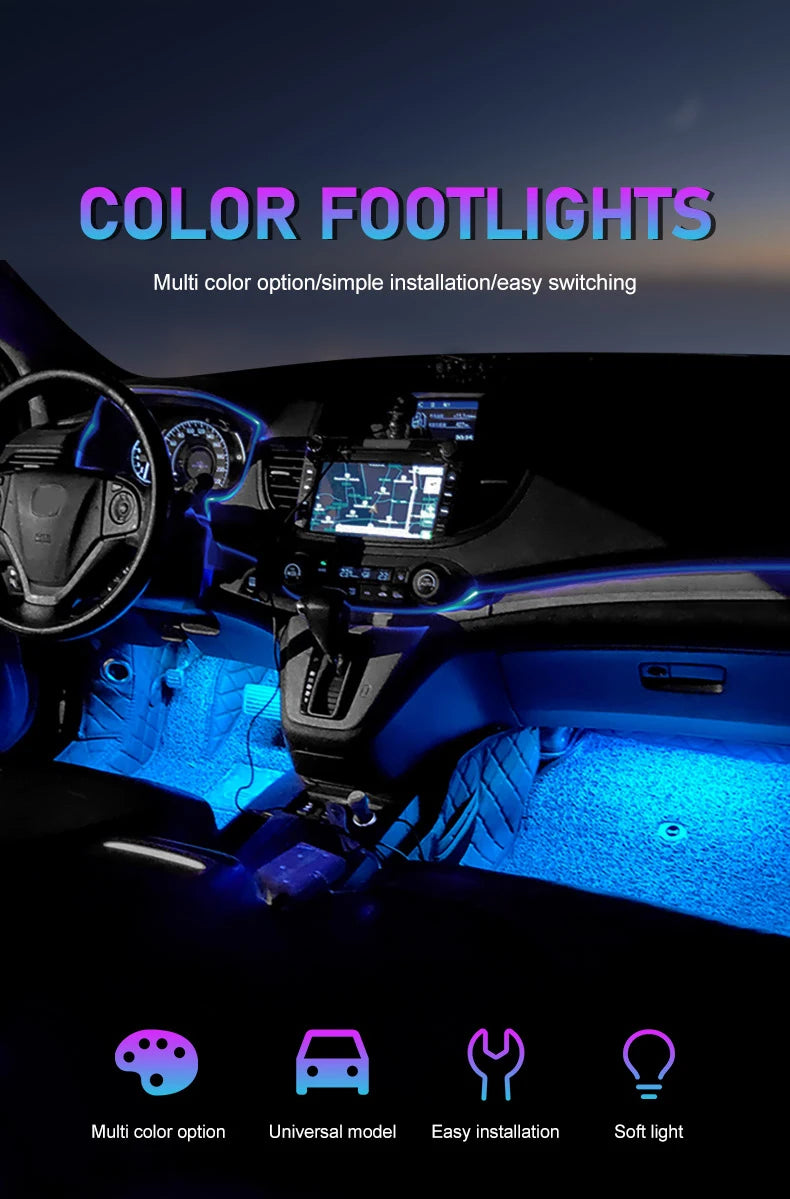 LED Car Interior Ambient Foot Light with USB Backlight Lighting 5V Auto Decorative Atmosphere Neon Lamp Vehicle Accessories