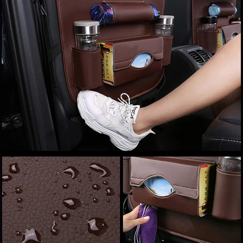 Car Seat Back Organizer with Foldable Table Tray, PU Leather Storage, Pockets, Kick Mats, Interior Accessories
