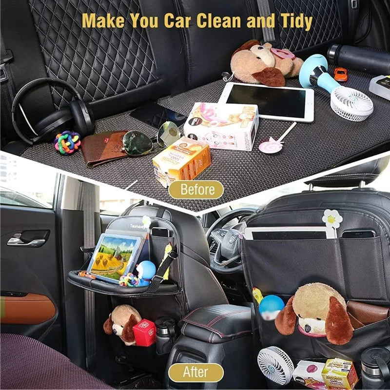 Car Seat Back Organizer with Foldable Table Tray, PU Leather Storage, Pockets, Kick Mats, Interior Accessories