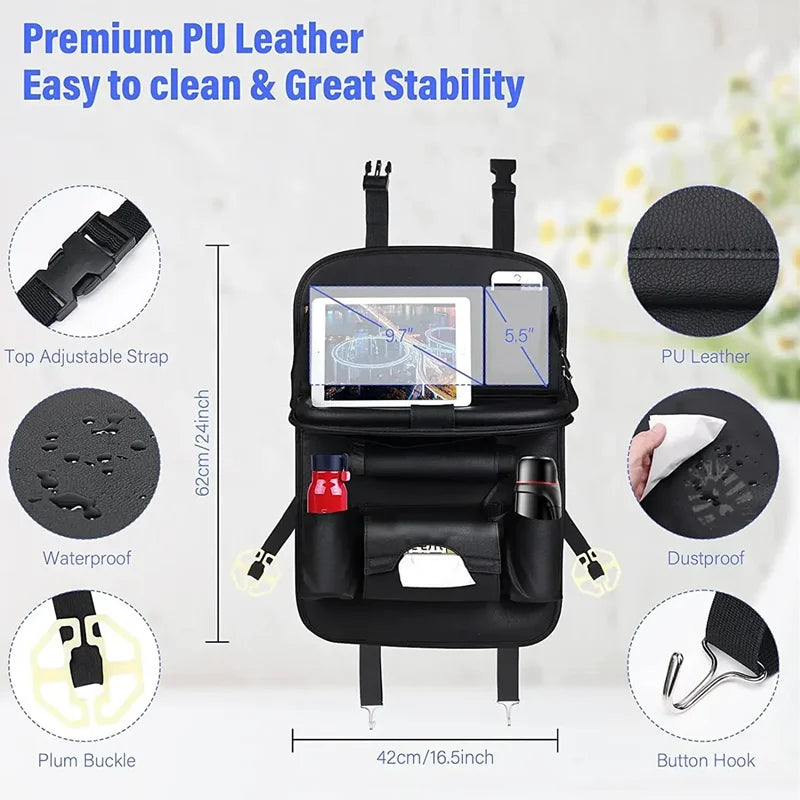 Car Seat Back Organizer with Foldable Table Tray, PU Leather Storage, Pockets, Kick Mats, Interior Accessories