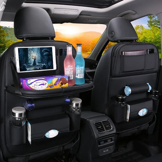 Car Seat Back Organizer with Foldable Table Tray, PU Leather Storage, Pockets, Kick Mats, Interior Accessories