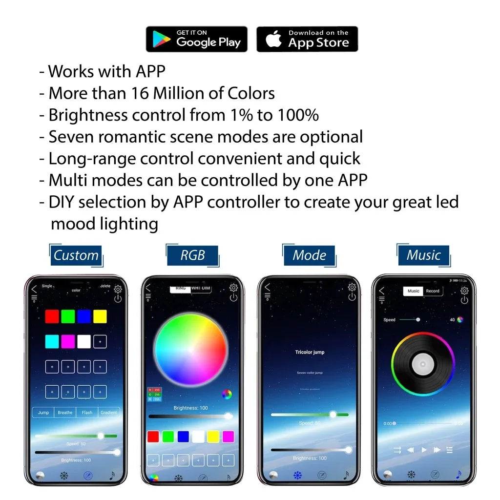 LED Car Interior Ambient Foot Light Strip Neon Lighting Backlight Kit W/ USB Remote App Music Control Auto RGB Decorative Lamps